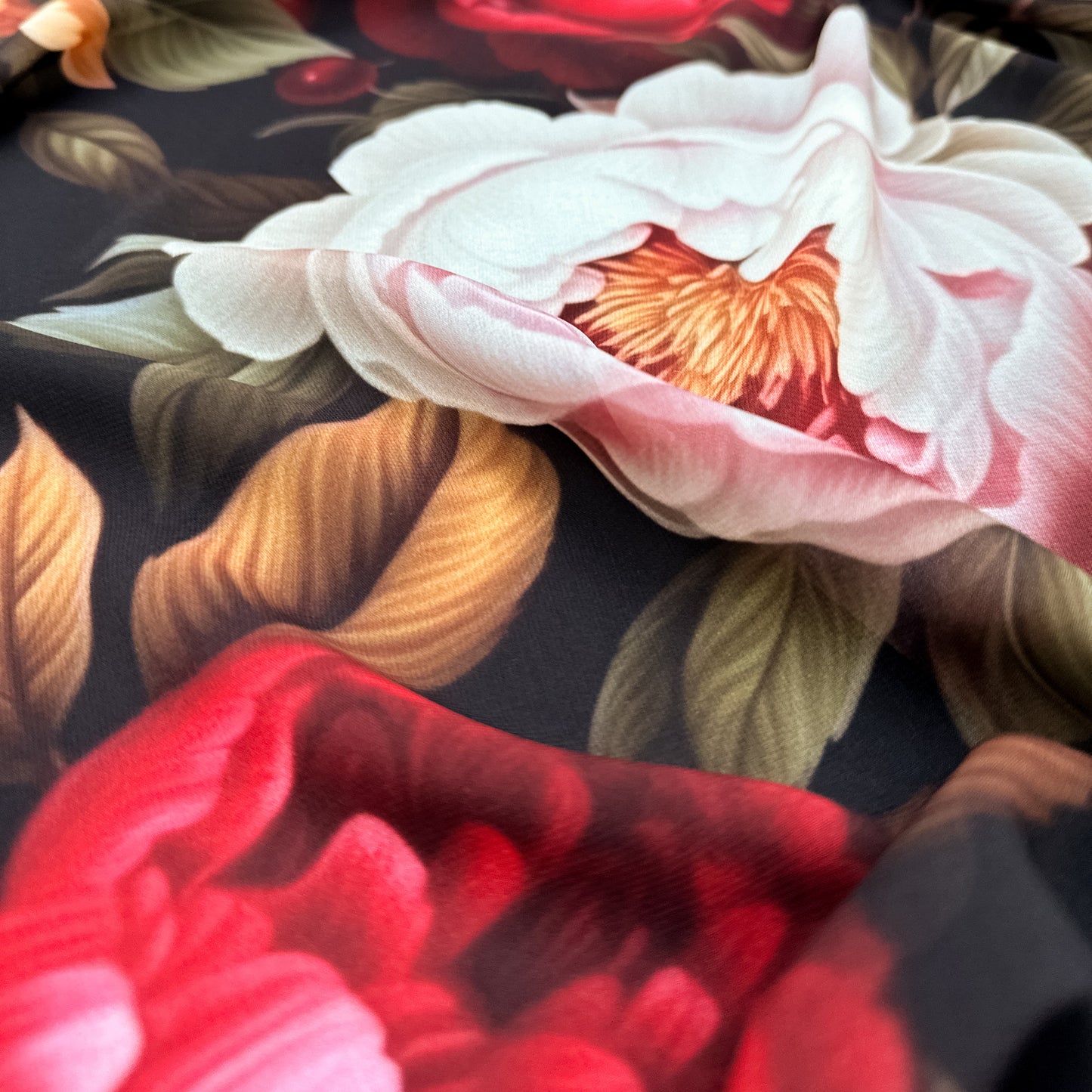 Berrylicious – floral design on sheer chiffon fabric with large vibrant blossoms and mixed berries on a dark background, lightweight and airy texture, design by Sewing Club.