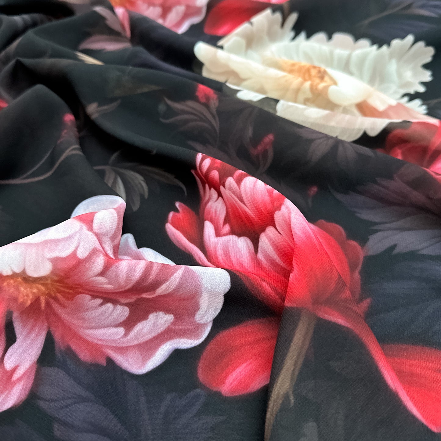 Birdie Beats – floral design on sheer chiffon fabric with red, pink and white peonies with a tiny bird on dark background, lightweight and airy texture, design by Sewing Club.