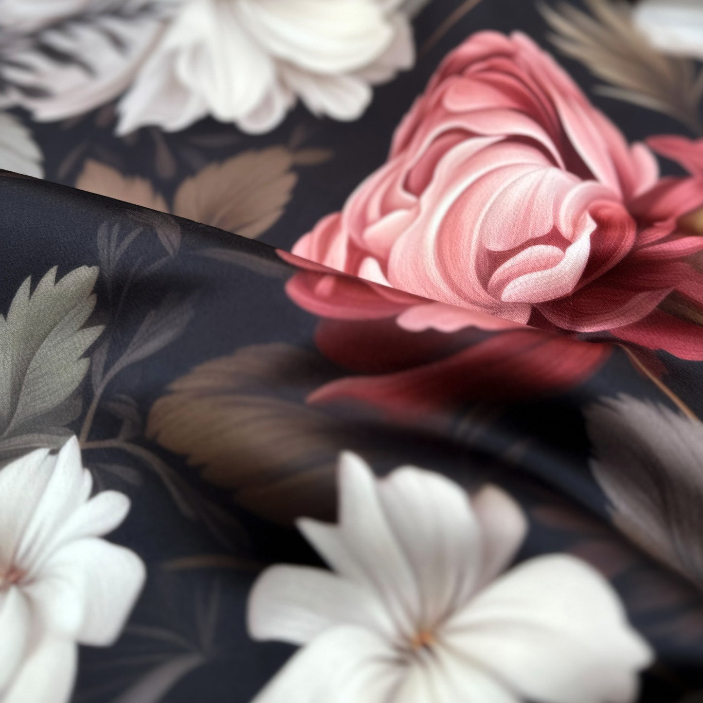 Botanical Bliss – floral print on luxurious duchesse satin with white daisies and blush pink peonies on dark background, glossy surface and sculptural folds, design by Sewing Club.