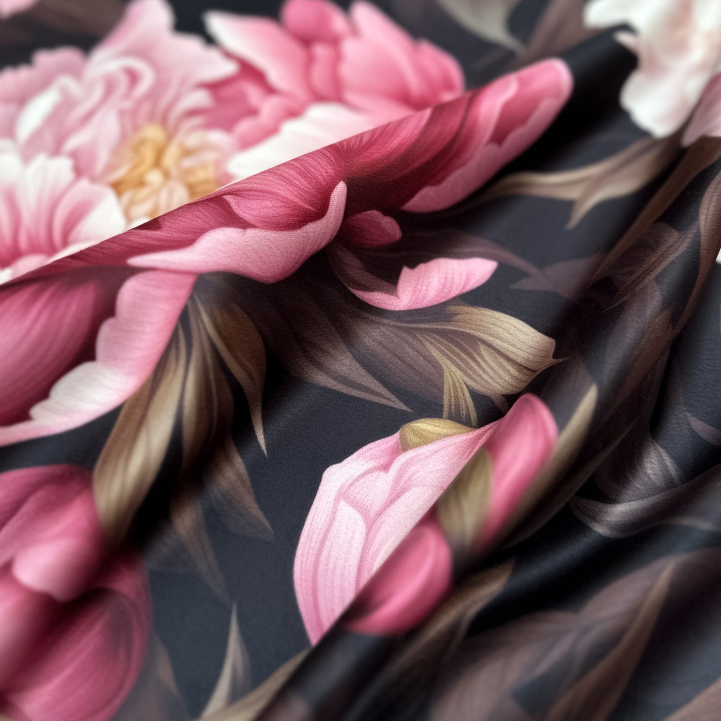 Poppy Peony – floral print on luxurious duchesse satin with lush blush pink peonies on dark background, glossy surface and sculptural folds, design by Sewing Club.