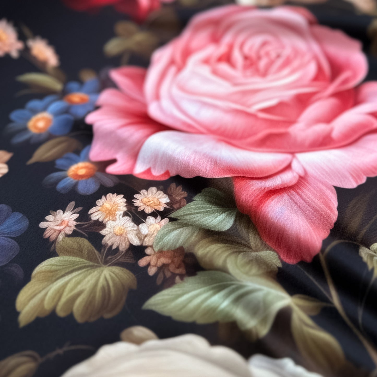 Wildflower Wonderland – floral print on luxurious duchesse satin with vibrant pink, peach, and cream roses with wildflowers on dark background, glossy surface and sculptural folds, design by Sewing Club.
