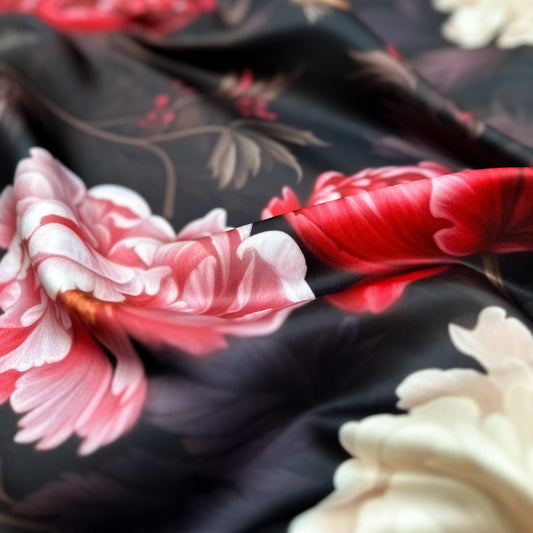 Birdie Beats – floral print on luxurious duchesse satin with red, pink and white peonies with a tiny bird on dark background, glossy surface and sculptural folds, design by Sewing Club.