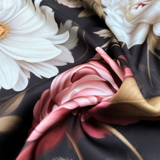 Botanical Bliss – floral pattern on smooth silk satin with white daisies and blush pink peonies on dark background, soft sheen and fluid drape, design by Sewing Club.
