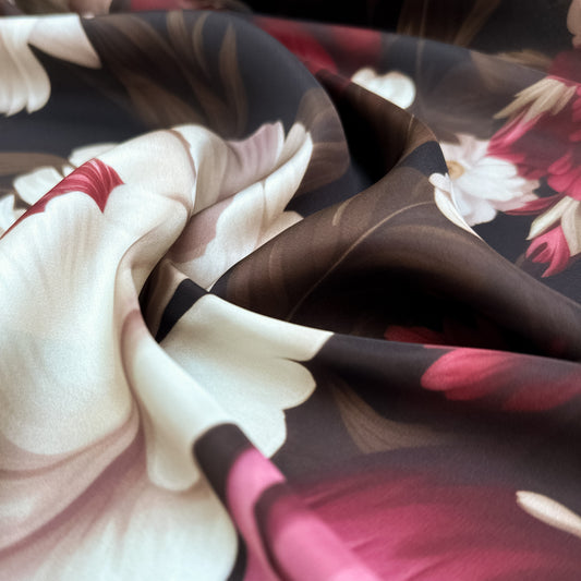 Floral Fantasy – floral pattern on smooth silk satin with burgundy and cream blossoms on dark background, soft sheen and fluid drape, design by Sewing Club.