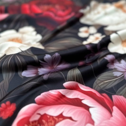 Peony Paradise – floral print on luxurious duchesse satin with large peonies in cream, blush, and deep red tones on a dark background, glossy surface and sculptural folds, design by Sewing Club.