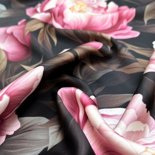 Poppy Peony – floral pattern on smooth silk satin with lush blush pink peonies on dark background, soft sheen and fluid drape, design by Sewing Club.