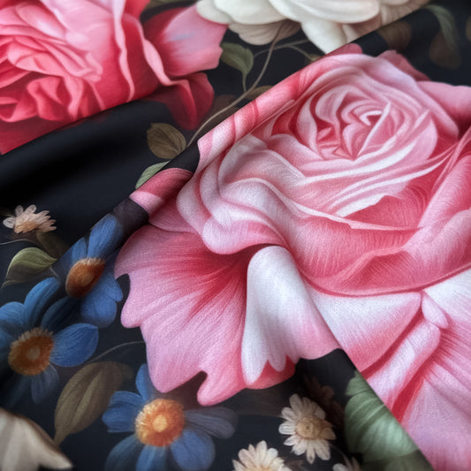 Wildflower Wonderland – floral pattern on smooth silk satin with vibrant pink, peach, and cream roses with wildflowers on dark background, soft sheen and fluid drape, design by Sewing Club.